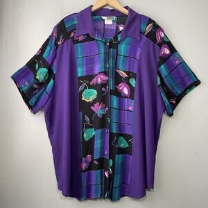 Vintage Blouse Plus Size 26 Purple Crinkle Rayon Jewel Tones Floral Cottagecore